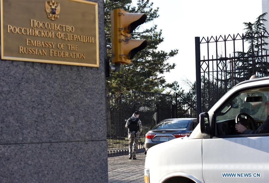 Vehicles wait for security check when entering the Russian Embassy to the United States in Washington D.C., the United States, on Dec. 29, 2016. The White House on Thursday announced sanctions against Russian entities and individuals over alleged hacking during the 2016 U.S. presidential election. In addition, the U.S. State Department on Thursday announced ejection of 35 Russian government officials from the United States. (Xinhua/Yin Bogu) 