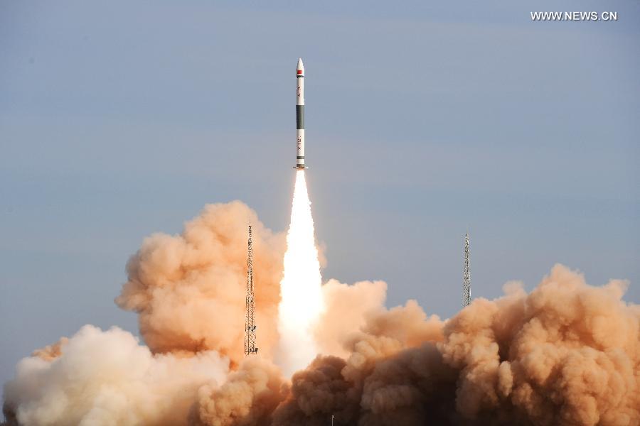 The rocket Kuaizhou-1A carrying the satellite JL-1 and two CubeSats XY-S1 and Caton-1 blasts off from Jiuquan Satellite Launch Center in northwest China