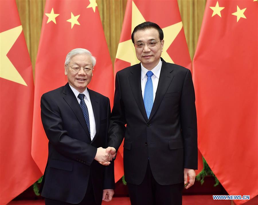 Chinese Premier Li Keqiang (R) meets with Nguyen Phu Trong, General Secretary of the Communist Party of Vietnam Central Committee, in Beijing, capital of China, Jan. 13, 2017. (Xinhua/Li Tao)