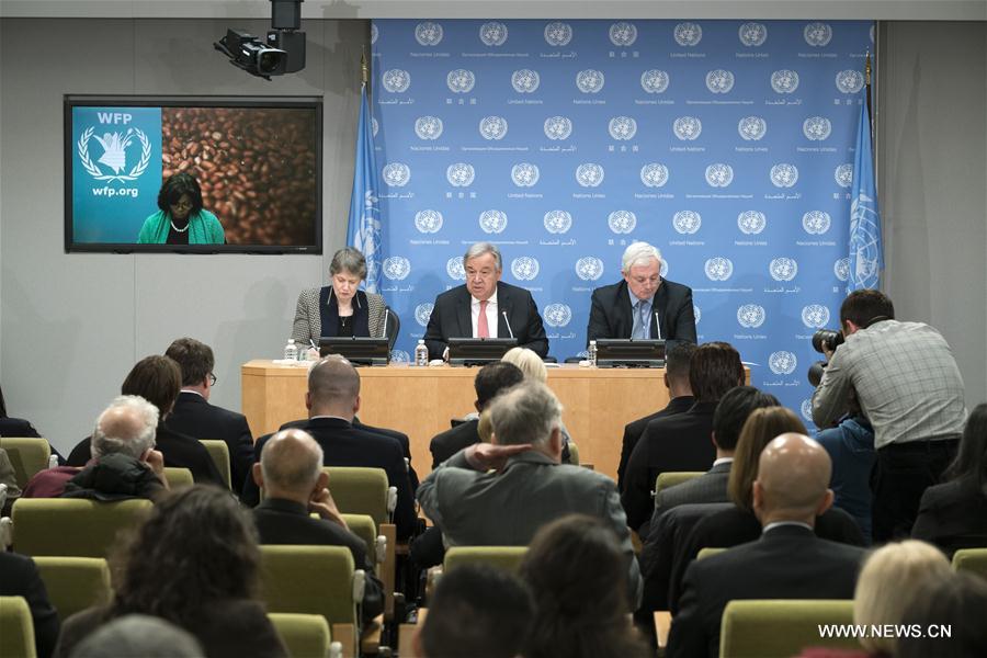 United Nations Secretary-General Antonio Guterres speaks during a press conference on humanitarian crisis in South Sudan, Somalia, Yemen and north-east Nigeria, at the UN headquarters in New York, on Feb. 22, 2017. Over 20 million people in South Sudan, Somalia, Yemen and north-east Nigeria are facing "devastating" levels of food insecurity, UN Secretary-General Antonio Guterres told reporters here on Wednesday. (Xinhua/Li Muzi)