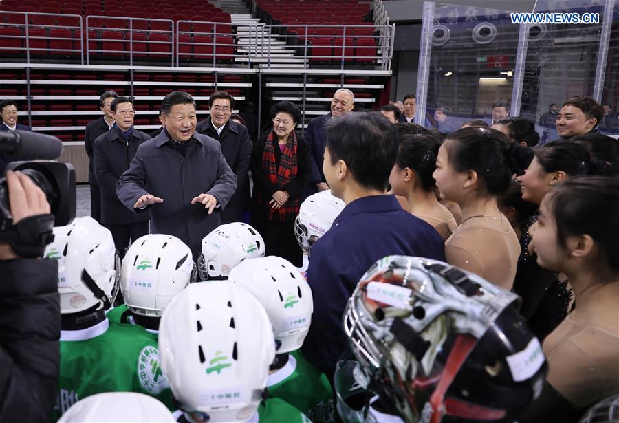 Chinese President Xi Jinping encourages ice hockey and skating fans at a sports center in Beijing, capital of China, Feb. 24, 2017. Xi, also general secretary of the Communist Party of China Central Committee and chairman of the Central Military Commission, made an inspection tour in Beijing Thursday and Friday. (Xinhua/Lan Hongguang)