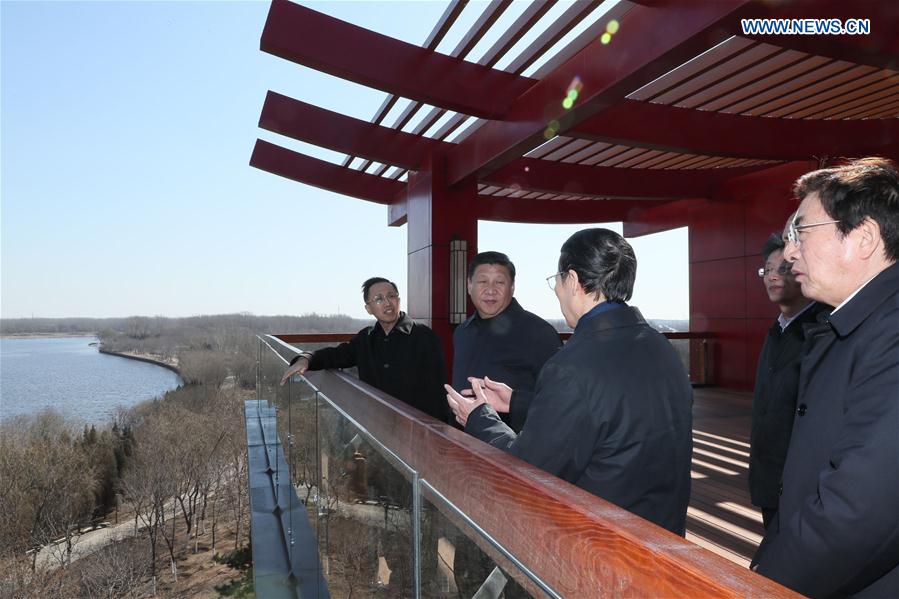 Chinese President Xi Jinping (2nd L) inspects the grand canal forest park in Tongzhou District of Beijing, capital of China, Feb. 24, 2017. Xi, also general secretary of the Communist Party of China Central Committee and chairman of the Central Military Commission, made an inspection tour in Beijing Thursday and Friday. (Xinhua/Ju Peng)