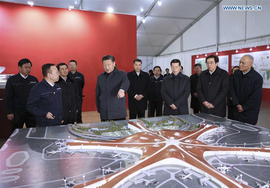 Chinese President Xi Jinping inspects the site for the new international airport in Beijing, capital of China, Feb. 23, 2017. Xi, also general secretary of the Communist Party of China Central Committee and chairman of the Central Military Commission, made an inspection tour in Beijing Thursday and Friday. (Xinhua/Lan Hongguang)