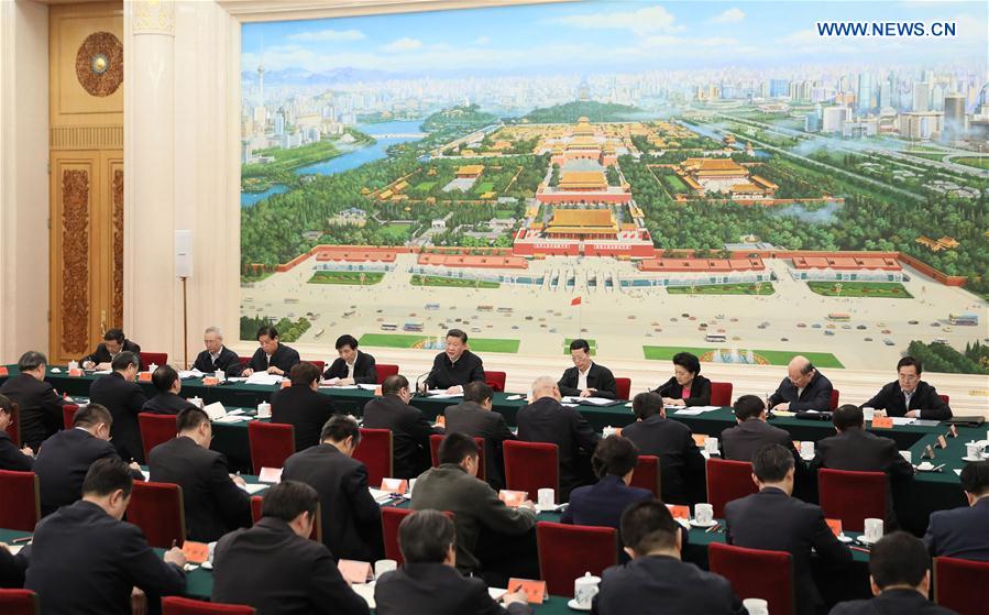 Chinese President Xi Jinping presides over a symposium on city planning and construction in Beijing and preparation for the Beijing 2022 Winter Olympic Games in Beijing, capital of China, Feb. 24, 2017. Xi, also general secretary of the Communist Party of China Central Committee and chairman of the Central Military Commission, made an inspection tour in Beijing Thursday and Friday. (Xinhua/Lan Hongguang)