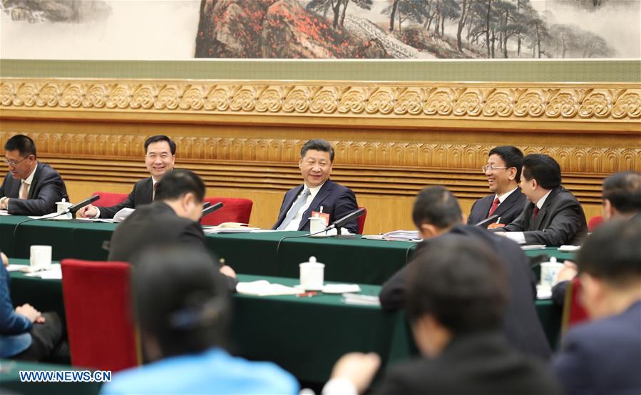 Chinese President Xi Jinping joins a panel discussion with deputies to the 12th National People
