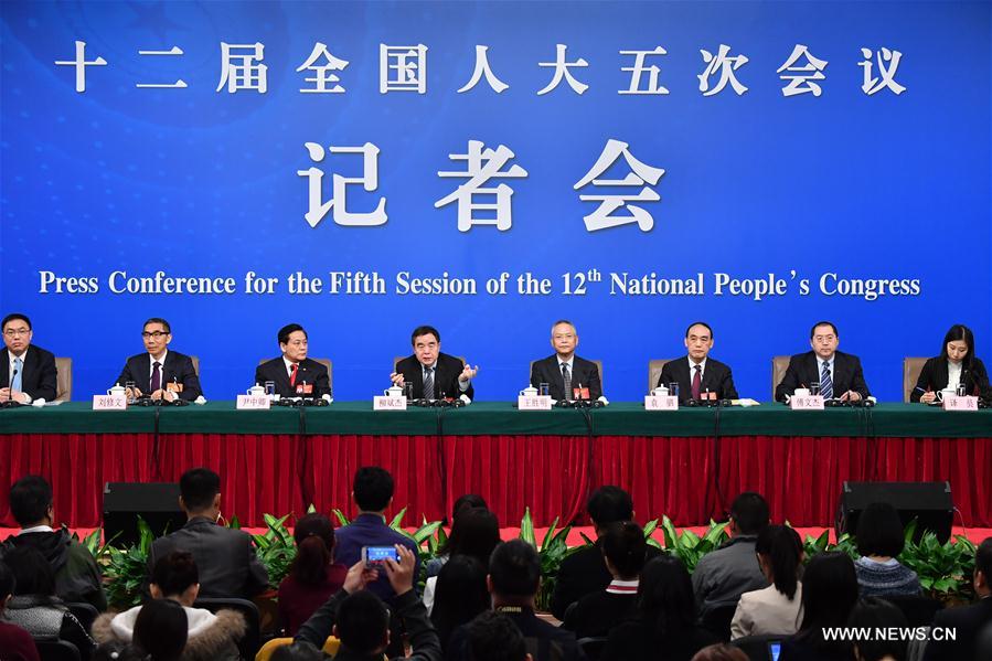 Liu Binjie, chairman of the Education, Science, Culture and Public Health Committee of the National People’s Congress (NPC), Wang Shengming, vice-chairman of Internal and Judicial Affairs Committee of the NPC, Yin Zhongqing, vice-chairman of Finance Committee of the NPC, Yuan Si, vice-chairman of the Environment Protection and Resources Conservation Committee of the NPC, Liu Xiuwen, deputy director of the Budgetary Affairs Commission of the NPC Standing Committee and Fu Wenjie, inspector of the Bureau of Secretaries of the NPC Standing Committee attend a press conference on the NPC