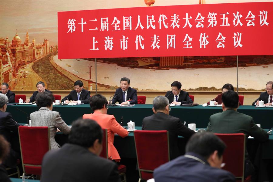 Chinese President Xi Jinping joins a panel discussion with deputies to the 12th National People