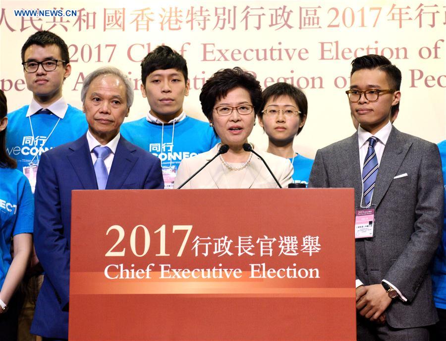 Lam Cheng Yuet-ngor meets the press after winning the election in Hong Kong, south China, March 26, 2017. Lam Cheng Yuet-ngor on Sunday won the election of the fifth-term chief executive of China