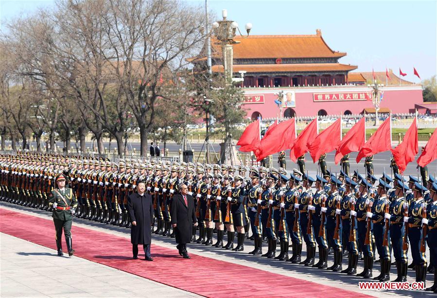 Chinese President Xi Jinping holds a welcome ceremony for Micronesian President Peter M. Christian before their talks in Beijing, capital of China, March 27, 2017. (Xinhua/Liu Weibing)