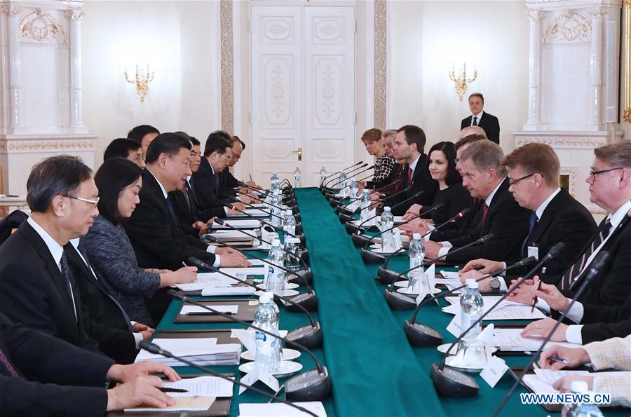 Chinese President Xi Jinping holds talks with his Finnish counterpart Sauli Niinisto in Helsinki, Finland, April 5, 2017. (Xinhua/Rao Aimin)