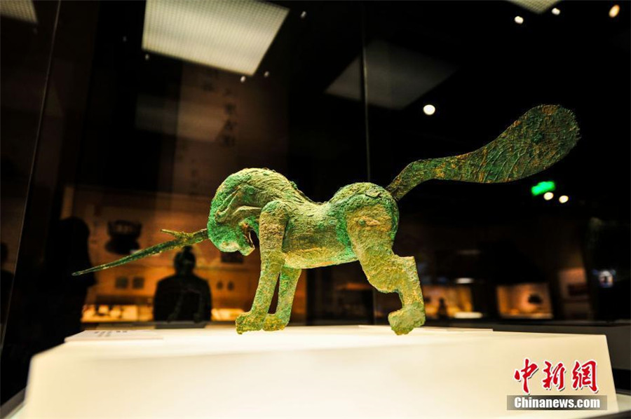 A bronze unicorn from Han Dynasty (206 BC-220) is a highlight at the exhibition of antiques collected from the Ancient Tea Horse Route at Liaoning Provincial Museum in Shenyang, capital of Northeast China