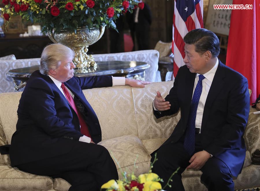 Chinese President Xi Jinping (R) meets with his U.S. counterpart Donald Trump in the latter