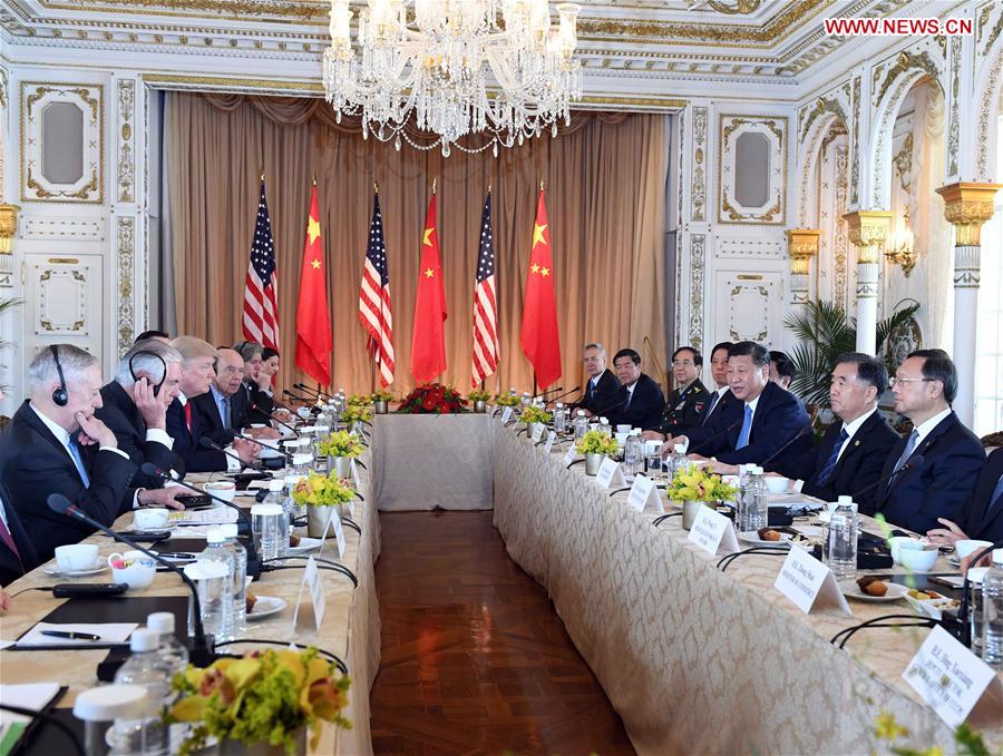 Chinese President Xi Jinping (3rd R) and his U.S. counterpart Donald Trump (3rd L) hold the second round of talks in the Mar-a-Lago resort in Florida, the United States, April 7, 2017. (Xinhua/Rao Aimin)