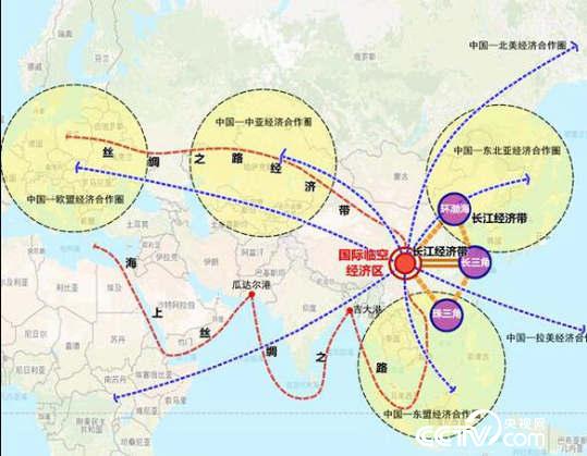 成都天府國際機場航線（藍色）與“一帶一路”（紅色）關係示意圖。