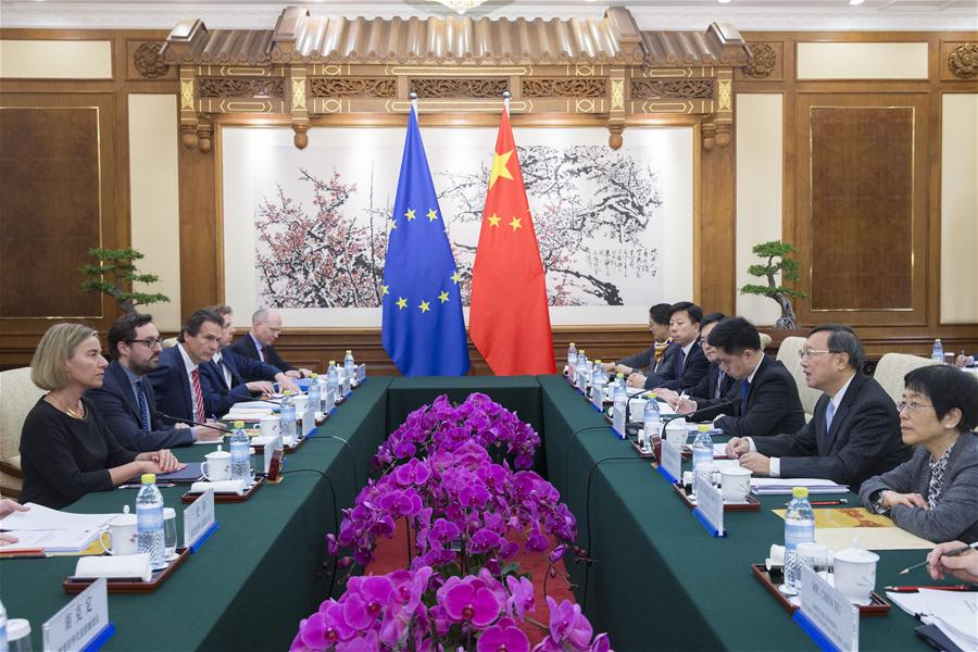 Chinese State Councilor Yang Jiechi co-chairs the seventh China-EU high-level strategic dialogue with EU high representative for foreign affairs and vice president of the European Commission Federica Mogherini in Beijing, China, April 19, 2017. (Xinhua/Cui Xinyu)