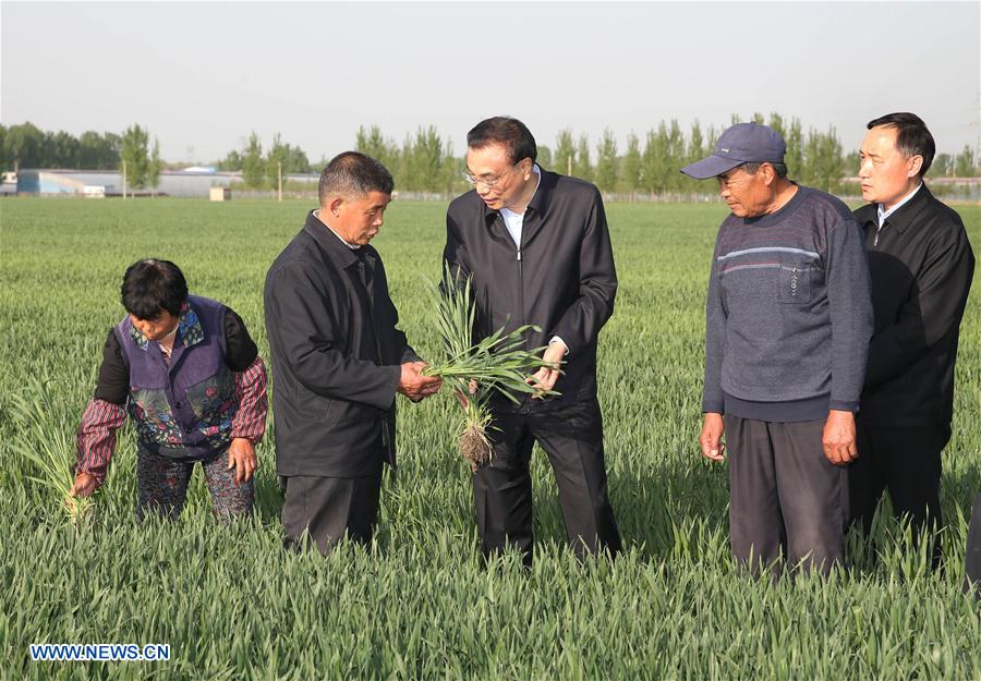 Chinese Premier Li Keqiang (C) inspects the growing of wheat at a wheat field in Qujia Village of Jinan, capital of east China