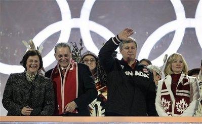 IOC President Jacques Rogge, 2nd left, wife Anne, left, Canadian Prime minister Stephen Harper, 2nd right and wife Laureen Ann, during the closing