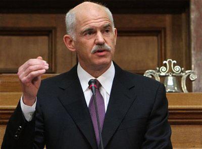 Greek prime minister George Papandreou addresses Socialists lawmakers at the Greek Parliament in Athens, on Tuesday, March 2, 2010. (AP Photo/Thanassis Stavrakis)