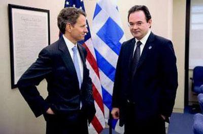 U.S. Treasury Secretary Timothy Geithner (L) stands with Finance Minister of Greece George Papaconstantinou (R) before meeting at the International Monetary Fund/World Bank Spring Meetings at IMF headquarters in Washington, April 24, 2010. REUTERS/Jonathan Ernst