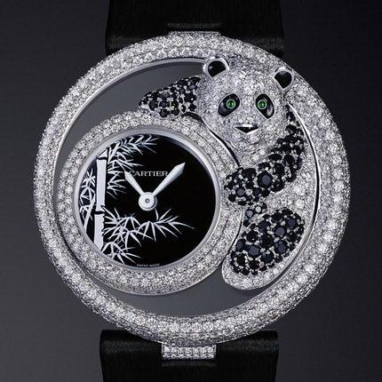 The watch was produced in a limited edition of 50 individually-numbered timepieces. Sparkling with diamonds and amusing with the touching image of a panda bear the Cartier watch makes one of the most beautiful jewellery timepieces in the world.