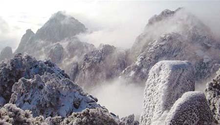 Every peak is clothed in white and every rime-covered tree looks like a white coral reef. (China Daily)