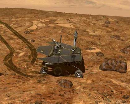 This undated handout is a NASA illustration of one of its two six-wheeled rovers, Opportunity and Spirit, operating on the surface of Mars, searching for geological evidence about water in the bygone Martial environment. (Xinhua/Reuters Photo)