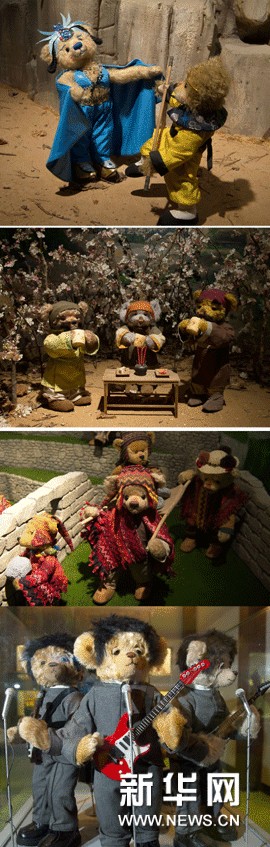成都博物館展出的泰迪熊融入了世界各地的人文元素。圖片從上至下依次為：西遊記、三國演義、秘魯馬丘比丘遺址、披頭士樂隊（拼版照片，11月11日攝）。