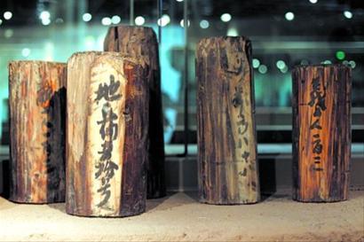 博物館陳列的部分木樁上墨書文字和八思巴文戳記。