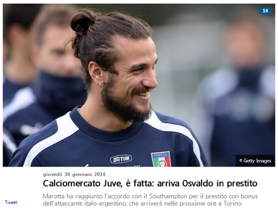 《羅馬體育報》：奧斯瓦爾多即將抵達尤文體檢