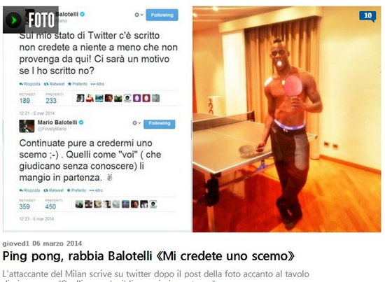 《羅馬體育報》：巴洛特利自誇打乒乓球難求一敗