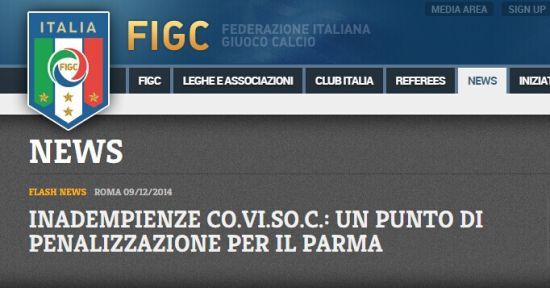 意大利足協宣佈處罰帕爾馬：扣分+罰款