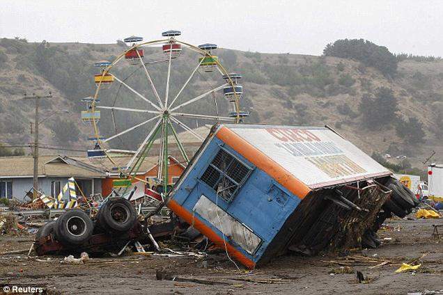 A local circus that was destroyed by the waves generated by a major earthquake is seen in Iloca