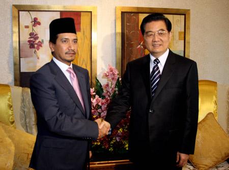 Chinese President Hu Jintao (R) shakes hands with Malaysian Supreme Head of State Mizan Abidin in Kuala Lumpur, Malaysia, Nov. 10, 2009.(Xinhua/Lai Xiangdong)