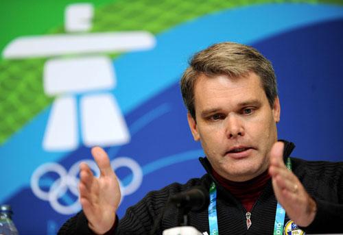 Svein Romstadt, the Secretary General of the International Luge Federation (FIL) gestures during a press conference on the the death of Georgian athlete Nodar Kumaritashvili, in Whislter, Canada, Feb. 13, 2010. Kumaritashvili was fatally injured during the final luge training session for the 2010 Olympic Winter Games in the last corner of the track at the Whistler Sliding Centre on February 12, 2010.(Xinhua/Chen Kai)