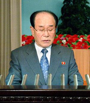 Photo provided by Korean Central News Agency (KCNA) on Feb. 15, 2010 shows Kim Yong Nam, president of the Presidium of the Supreme People's Assembly of the Democratic People's Republic of Korea (DPRK), addresses a meeting to celebrate the 68th birthday of Kim Jong Il, the top leader of the DPRK, in Pyongyang, capital of DPRK. (Xinhua/KCNA)