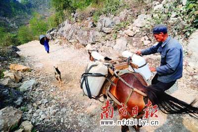 A villager from Guolintun, Zhonghe Village, Longhe Township, Napo County, carries water with a horse.