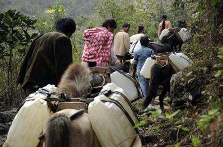 People of Dawen Village of Donglan Township load barrels of water by horses in Donglan County, southwest China's Guangxi Zhuang Autonomous Region, Feb. 23, 2010. A severe drought since August in 2009 has been continuing here at present.(Xinhua/Wei Lifu)