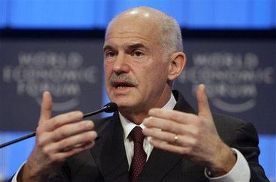 George A. Papandreou, Prime Minister and Minister of Foreign Affairs of Greece, gestures during the session entitled ''rethinking the eurozone', at the World Economic Forum in Davos, Switzerland, Thursday, Jan. 28, 2010. (AP Photo/Anja Niedringhaus)