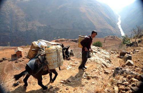 Villagers drive mule down the mountain to fetch water in Huize County of Qujing City, southwest China's Yunnan Province, on March 7, 2010.(Xinhua/Qin Qing)