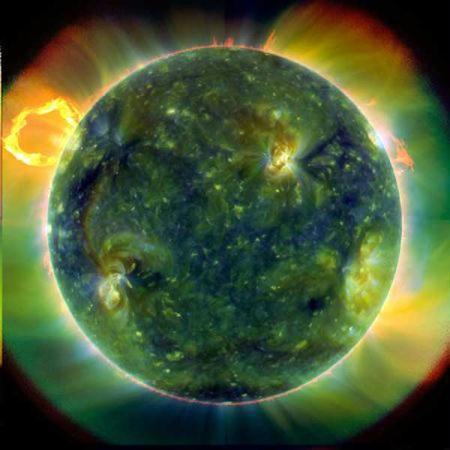 A full-disk multiwavelength extreme ultraviolet image of the sun taken by SDO on March 30, 2010. False colors trace different gas temperatures. Reds are relatively cool (about 60,000 Kelvin, or 107,540 F); blues and greens are hotter (greater than 1 million Kelvin, or 1,799,540 F). (Photo: NASA)