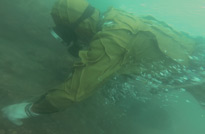 旅順口潛水員潛入30米的水下捕撈海參的情景