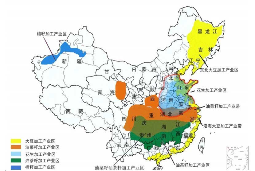 中國油料加工分佈區域圖