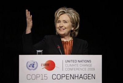 U.S. Secretary of State Hillary Clinton gestures during a press briefing at the climate summit in Copenhagen, Denmark, Thursday, Dec. 17, 2009.(AP Photo/Anja Niedringhaus)