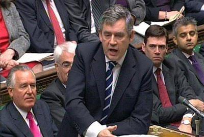 Britain's Prime Minister Gordon Brown is seen in this image taken from TV as he speaks during Prime Minister's Questions in the House of Commons, London Wednesday Jan. 6, 2010. (AP Photo/PA)