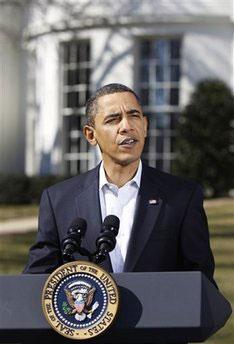 U.S. President Barack Obama speaks to the media about the recent earthquake in Chile outside the Oval Office of the White House in Washington Saturday, Feb. 27, 2010. (AP Photo/Alex Brandon)