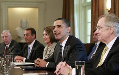 U.S. President Barack Obama meets with Congressional leaders to discuss Wall Street reform, Wednesday, April 14, 2010, in the Cabinet Room of the White House in Washington. (AP Photo/Alex Brandon)