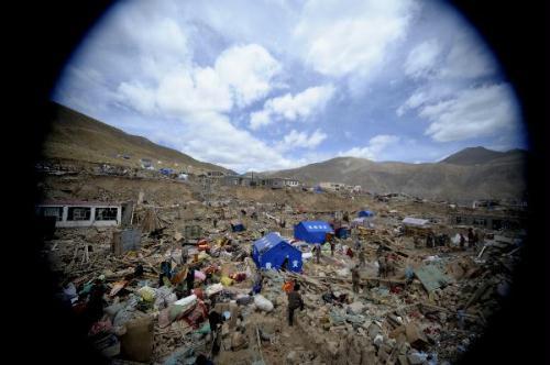 Photo taken on April 19, 2010 shows a view of the quake-devastated Zhaxi Datong Village, in Gyegu Town, Yushu County, northwest China's Qinghai Province. Zhaxi Datong Village is the worst-hit area during the April 14 quake in Qinghai. It has been mostly razed to the ground and 120 of the total about 670 villagers here lost their lives.(Xinhua/Purbu Zhaxi)