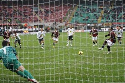 AC Milan Brazilian forward Ronaldinho, second from right, fails to score from a penalty kick during the Serie A soccer match between AC Milan and Atalanta at the San Siro stadium in Milan, Italy, Sunday, Feb. 28, 2010. AC Milan won 3-1.(AP Photo/Antonio Calanni)