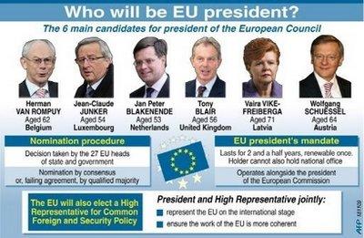 Graphic with photos of the leading candidates for EU president and information on the job and nomination procedure. Swedish Prime Minister Fredrik Reinfeldt appealed Wednesday for a new effort by EU leaders to agree the name of the first president of the revamped European Union.(AFP/Graphic)