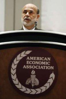 Federal Reserve Chairman Ben Bernanke speaks during a presentation at the American Economic Association Conference in Atlanta, Georgia, January 3, 2010. Bernanke on Sunday repeated his confidence that the Fed will be able to withdraw its extraordinary support for the economy when the time comes.REUTERS/Tami Chappell